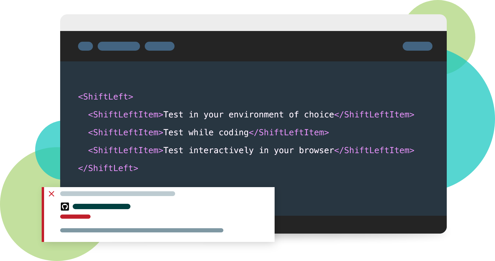 Illustration of lines of code: Shift left: Test in your environment of choice, Shift left: Test while coding, Shift left: Test interactively in your browser.