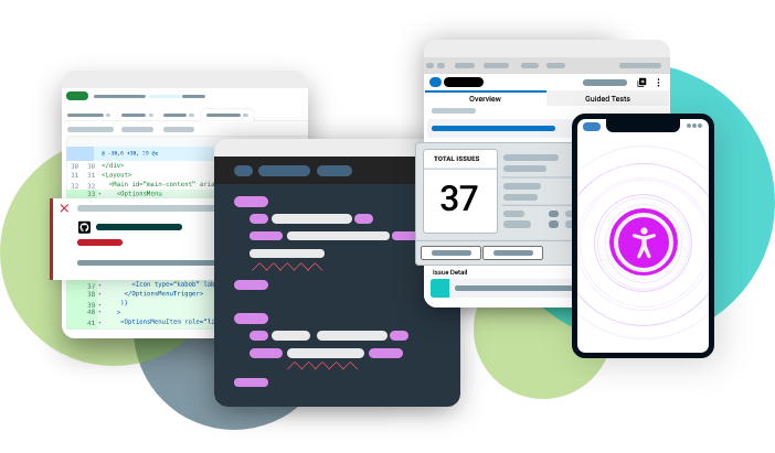 An illustration of four of the axe DevTools UIs including axe Developer Hub, axe Linter, axe Browser Extension, and axe Mobile
