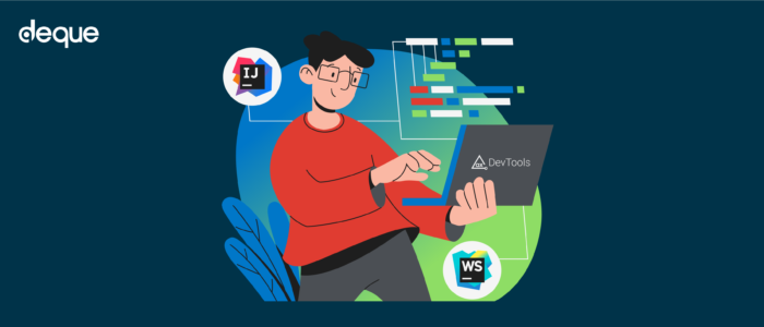 Illustration of a person working on a laptop with an axe DevTools logo on it, coding block and IntelliJ and WebStorm logos.