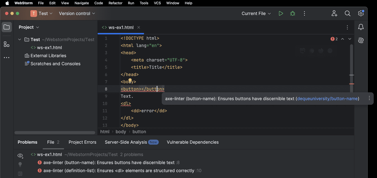 Screenshot of the the accessibility errors appearing in the Problems tool window in the WebStorm IDE using axe DevTools Linter.