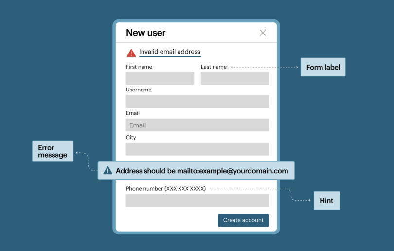 A form with Invalid email address error messages and form labels