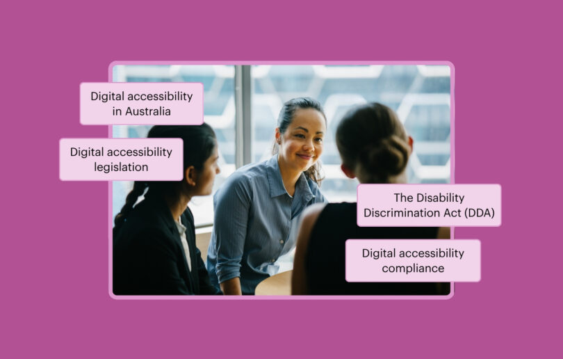 Three colleagues around a conference table, surrounded by text, Digital accessibility in Australia, DDA, Digital accessibility legislation.