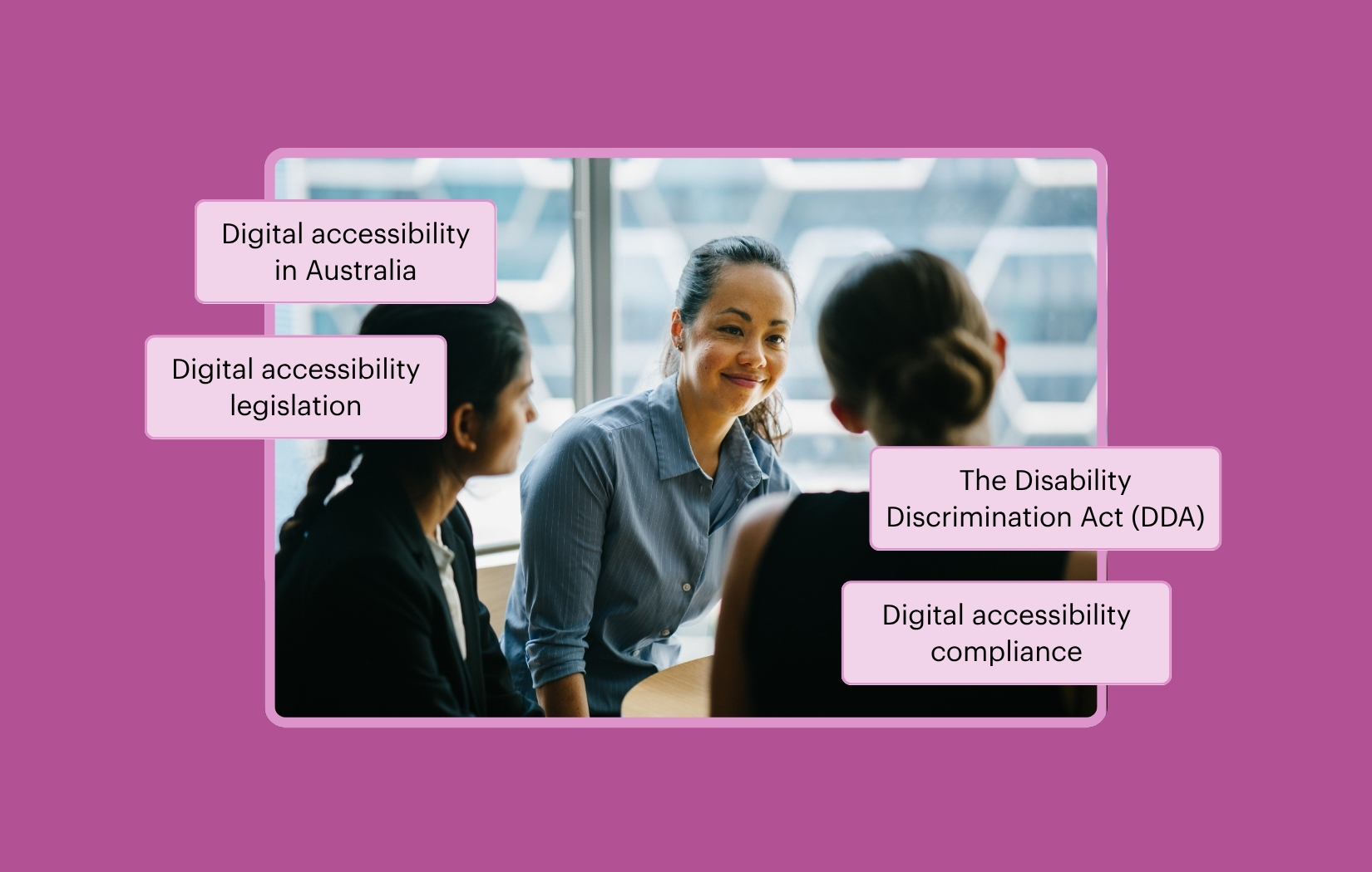Three colleagues around a conference table, surrounded by text, Digital accessibility in Australia, DDA, Digital accessibility legislation.