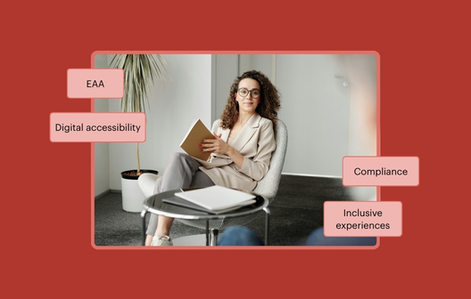 Legal professional seated with a notebook in a modern office. The callout text reads EAA, Digital accessibility, Compliance, and Inclusive experiences.
