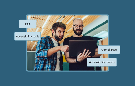 Two colleagues reviewing information together on a tablet. The callout text reads EAA, Accessibility tools, Compliance, and Accessibility demos.