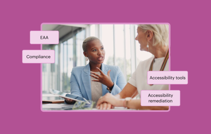 Two professionals discussing documents during a meeting. The callout text reads EAA, Compliance, Accessibility tools, and Accessibility remediation.