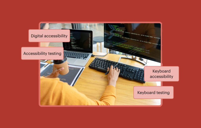 Person using a keyboard at a computer workstation with code displayed on two monitors, surrounded by labels for digital accessibility, accessibility testing, keyboard accessibility, and keyboard testing.