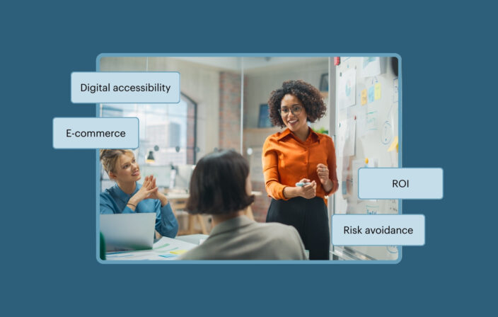 Team discussing ideas around a whiteboard during a meeting. The callout text reads Digital accessibility, E-commerce, ROI, and Risk avoidance.