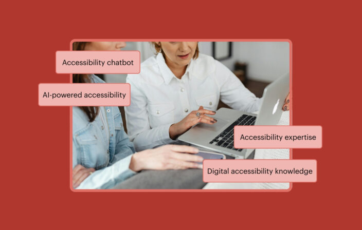 Two colleagues reviewing information together on a laptop. The callout text reads Accessibility chatbot, AI-powered accessibility, Accessibility expertise, and Digital accessibility knowledge.