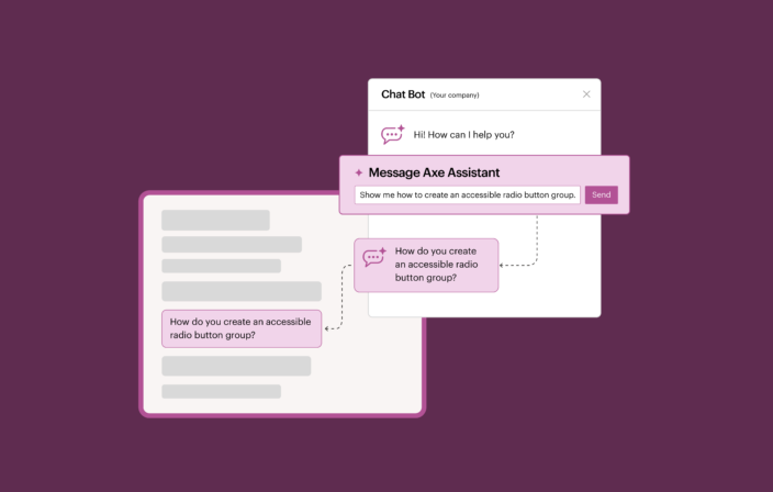 Interface illustration showing a chatbot and the Axe Assistant tool responding to a developer’s question about creating an accessible radio button group. The callout text reads Message Axe Assistant, Show me how to create an accessible radio button group, and How do you create an accessible radio button group?