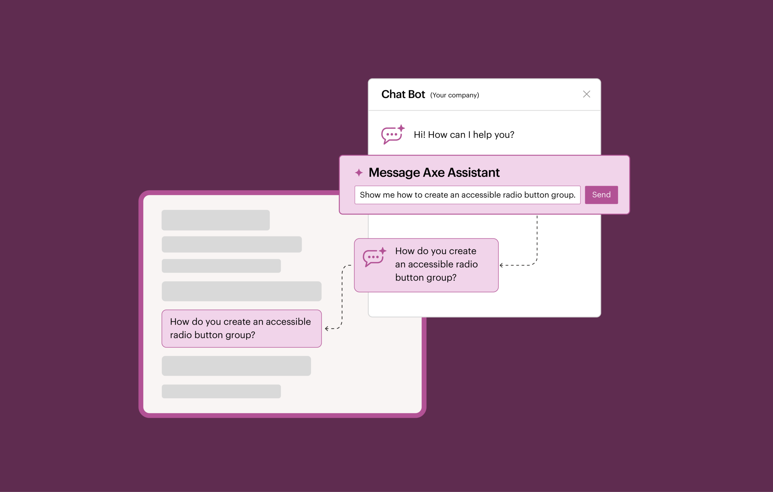 Interface illustration showing a chatbot and the Axe Assistant tool responding to a developer’s question about creating an accessible radio button group. The callout text reads Message Axe Assistant, Show me how to create an accessible radio button group, and How do you create an accessible radio button group?