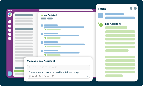 Axe Assistant illustration enabling a user to ask how to create an accessible radio button group from within Slack