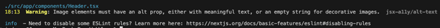 Error from the CLI indicating there is no alt text for an image.