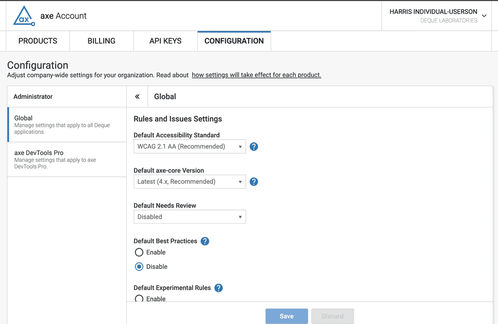 screenshot of Global options for Configurations within axe DevTools Pro