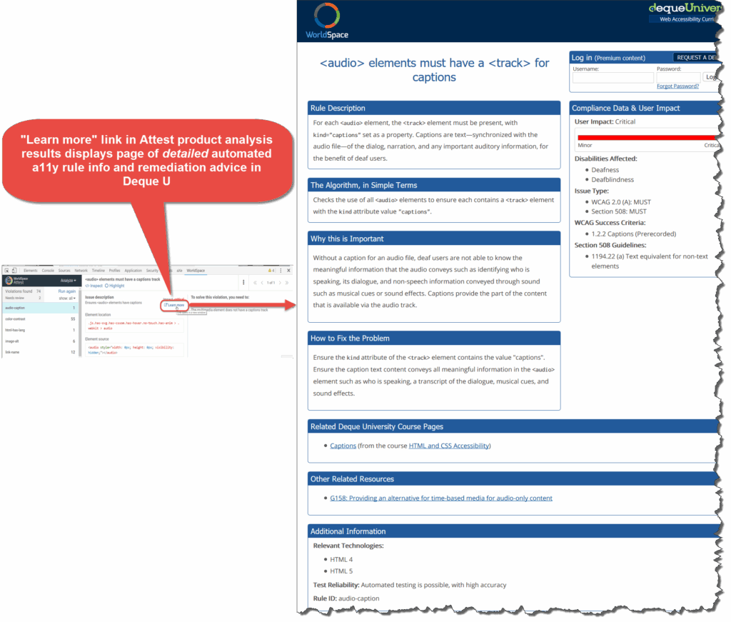 Illustrating what happens when Clicking a “Learn More” link from an Automated Rule Violation in WorldSpace Attest