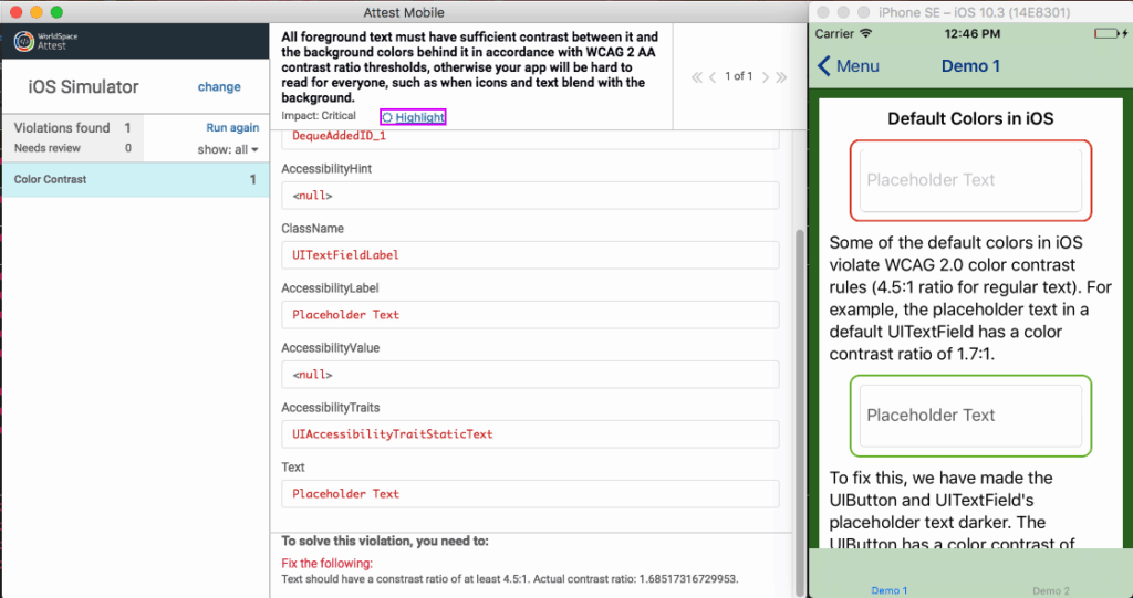 Attest Mobile Desktop Client next to a failing color contrast view, without highlight.