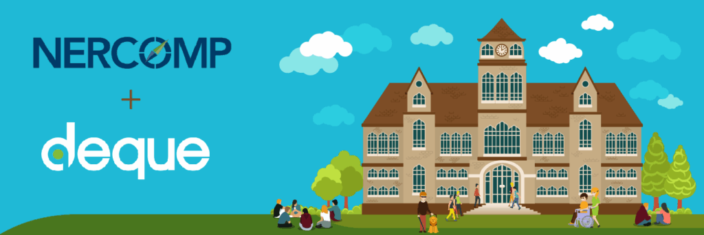 Illustration of college with NERCOMP & Deque logos