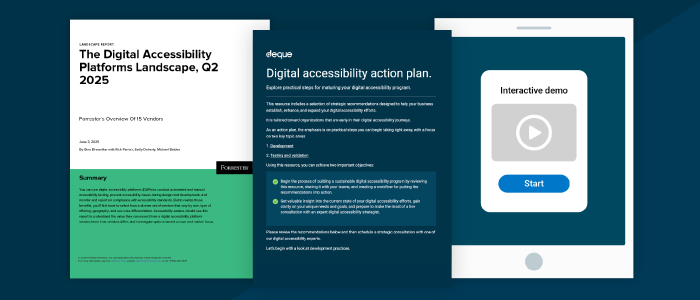 Thumbnail images of the first page of the Forrester landscape report and Deque action plan