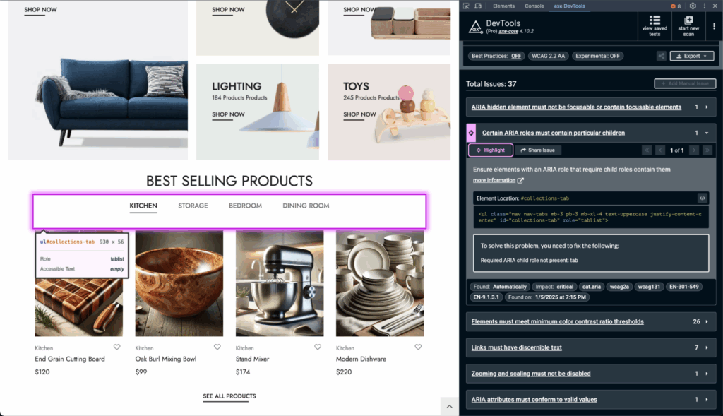 The axe DevTools Extensions picking up an element with an improper ARIA role highlighted in pink