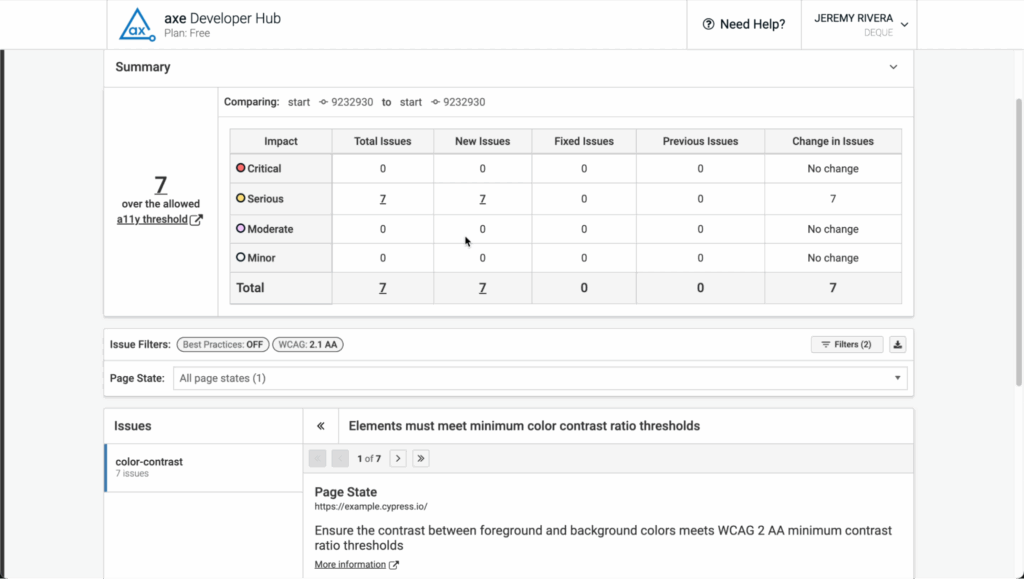axe Developer Hub dashboard with reports based on severity and populated with 7 serious issues about color-contrast