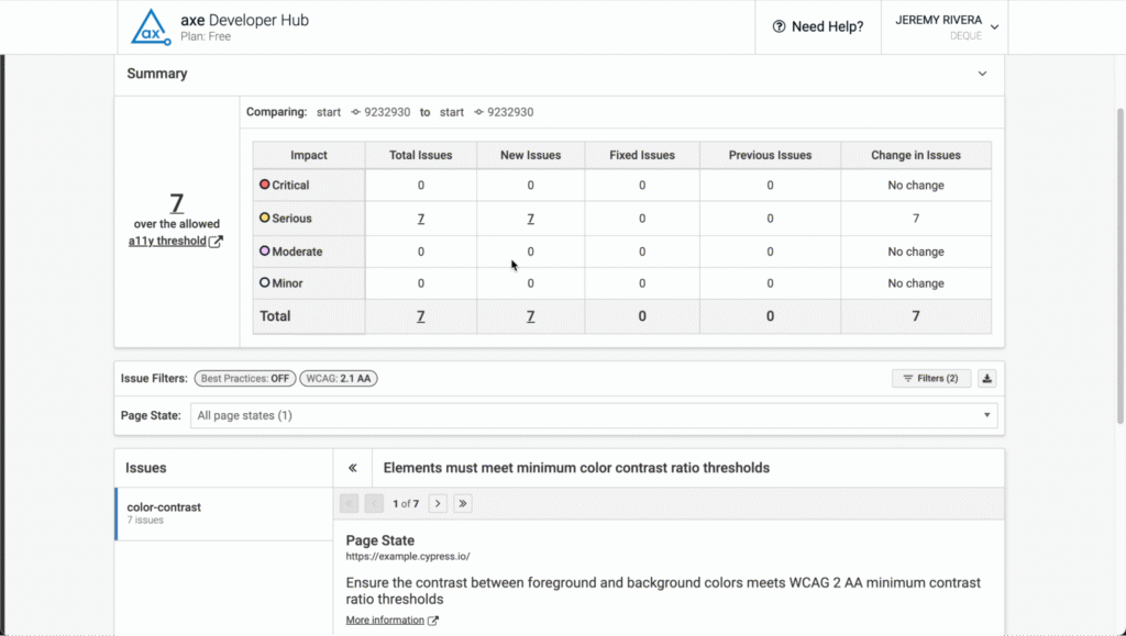 axe Developer Hub dashboard with reports based on severity and populated with 7 serious issues about color-contrast