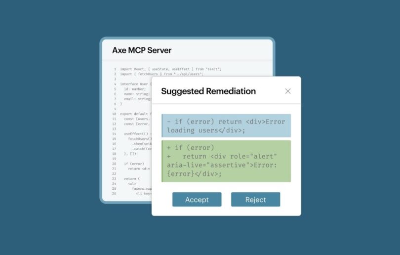 Axe MCP Server interface showing suggested accessibility remediation in code with options to accept or reject automated fixes.