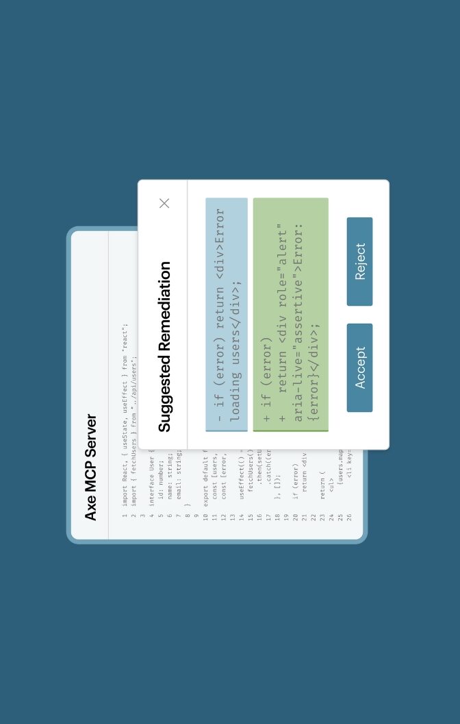 Axe MCP Server interface showing suggested accessibility remediation in code with options to accept or reject automated fixes.