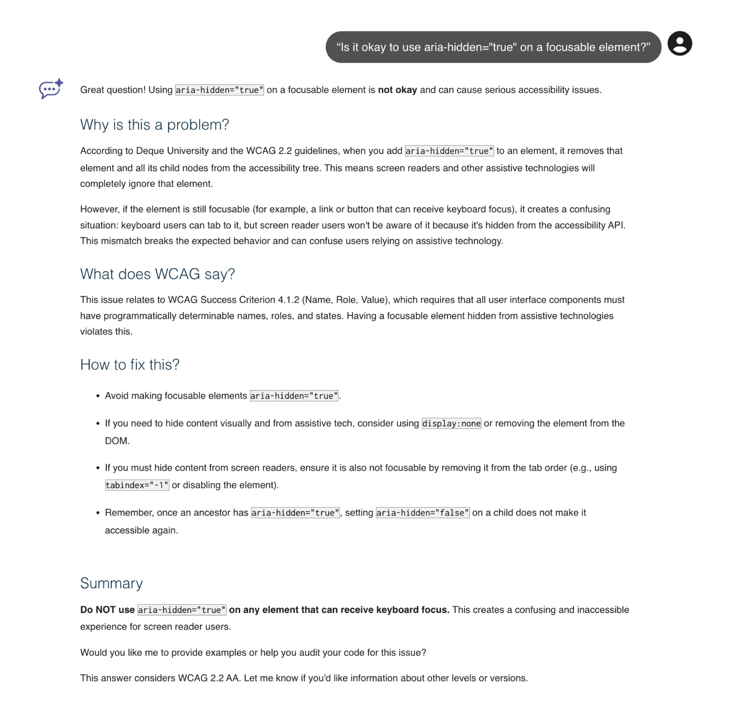 screenshot of Deque's axe Assistant answering this question: "“Is it okay to use aria-hidden="true" on a focusable element?”