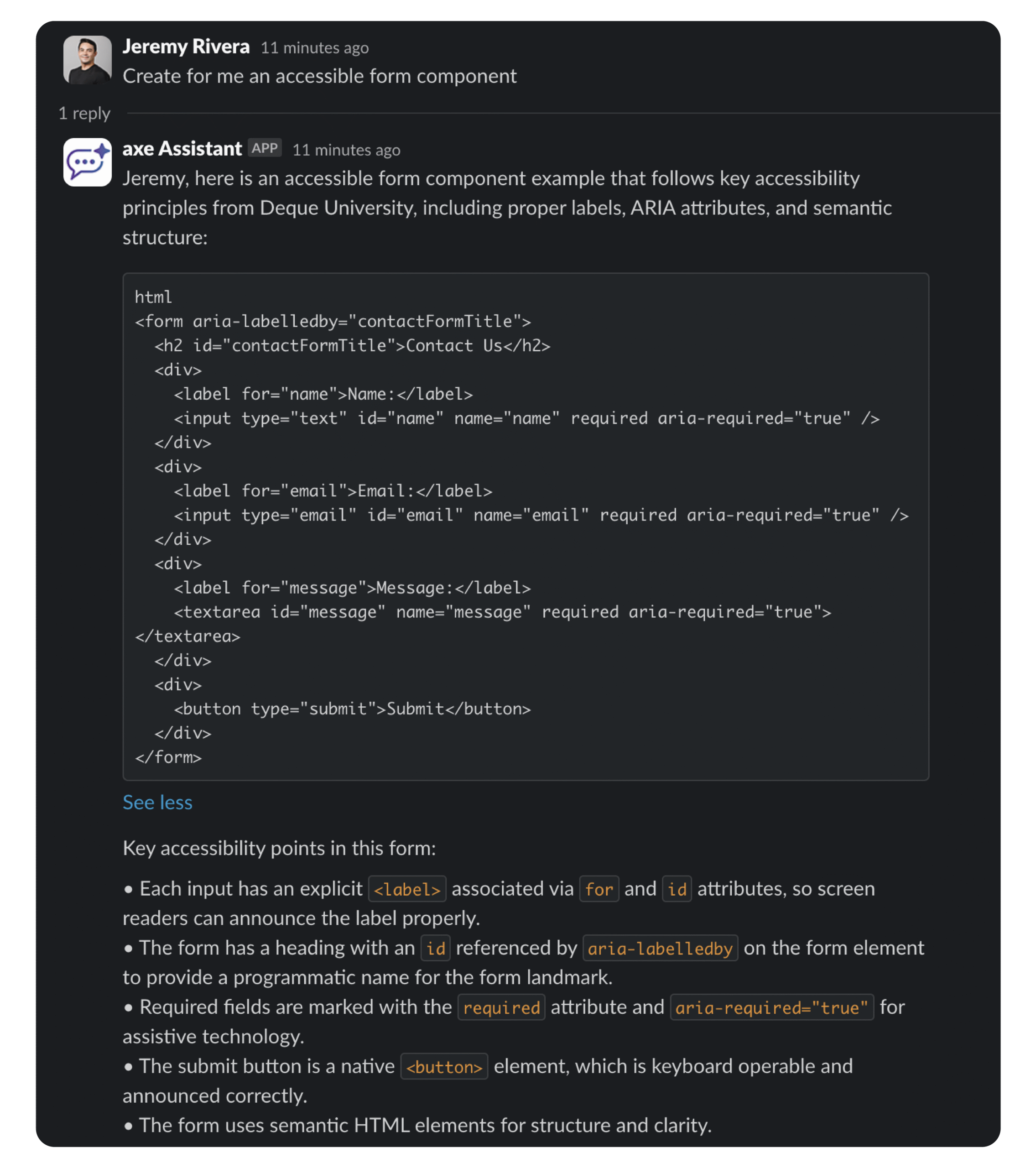 screenshot of Deque's axe Assistant being used in the Slack integration to answer a question about creating an accessible form component