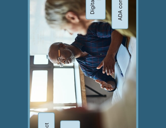 Business meeting between colleagues. The callout text reads Unruh Act, Accessibility regulations, Digital accessibility lawsuits, and ADA compliance.