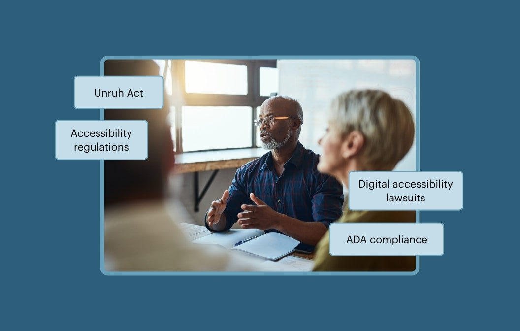 Business meeting between colleagues. The callout text reads Unruh Act, Accessibility regulations, Digital accessibility lawsuits, and ADA compliance.