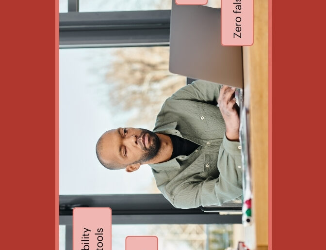 Developer working at a laptop. The callout text reads Accessibility testing tools, AI innovation, Trust, and Zero false positives.