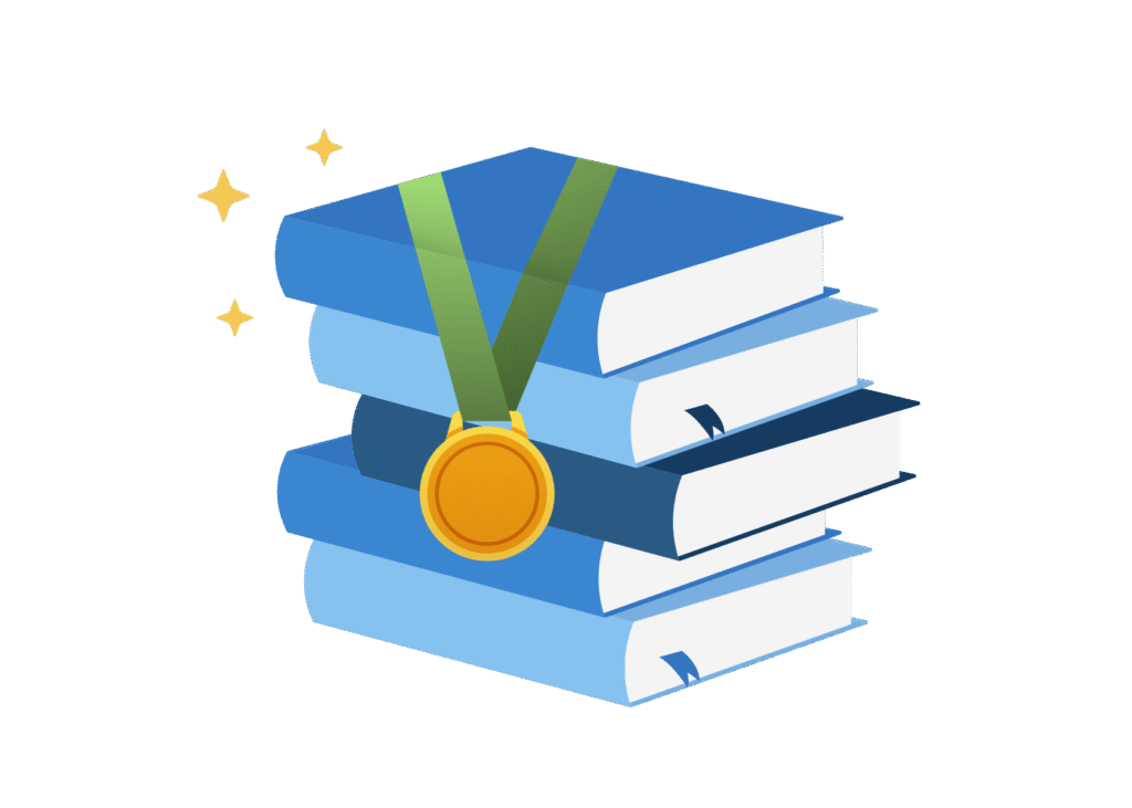 Illustration of a stack of books with a gold medal draped over them