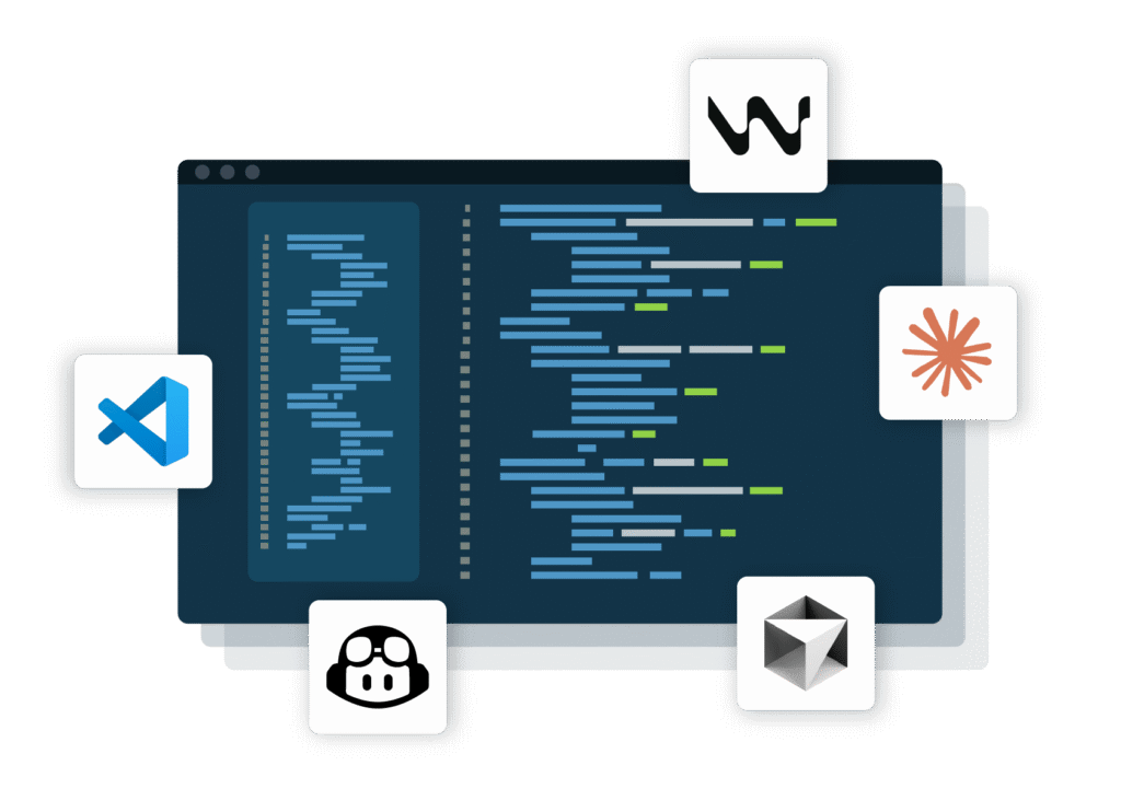 Illustration of a code editor with highlighted lines of code, surrounded by icons representing different developer tools and integrations.