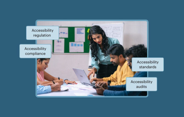 Team reviewing documents and a laptop during a meeting. The callout text reads Accessibility regulation, Accessibility compliance, Accessibility standards, and Accessibility audits.