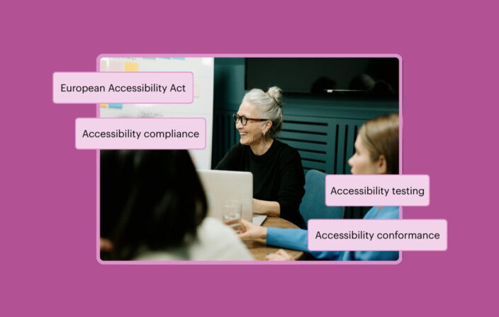 Team collaborating around a laptop in a meeting. The callout text reads European Accessibility Act, Accessibility compliance, Accessibility conformance, and Accessibility testing.