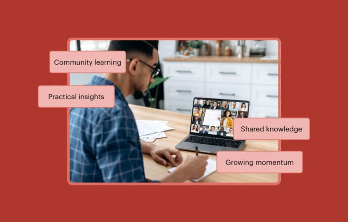 A virtual event attendee takes notes while looking at their laptop. They are surrounded by the words Community learning, Practical insights, and Growing momentum