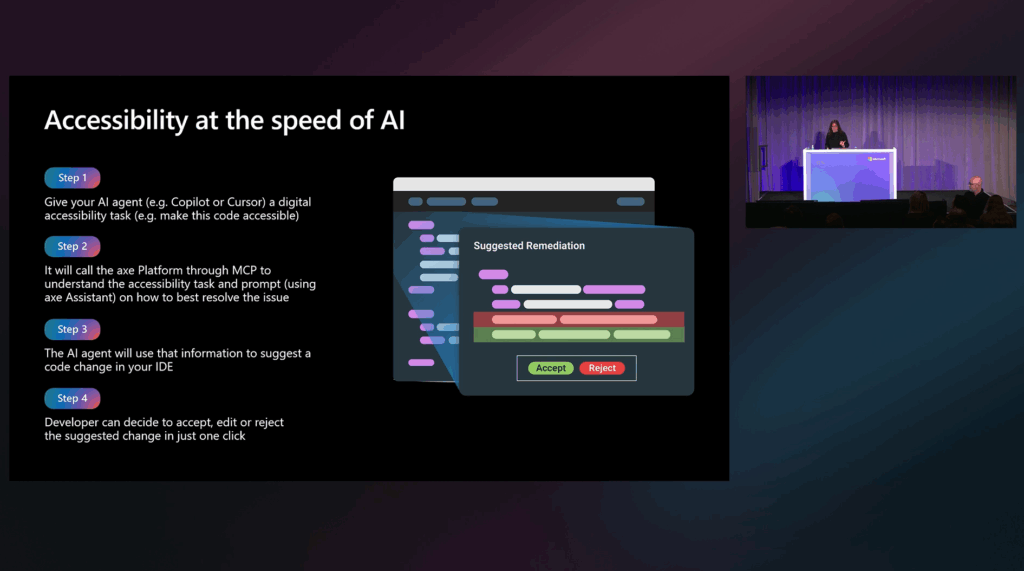 Slide from a Microsoft Ignite presentation about accessibility at the speed of AI