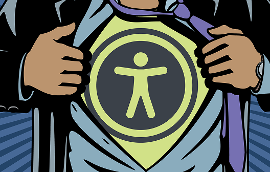 cartoon of person revealing accessibility logo on their shirt like superman