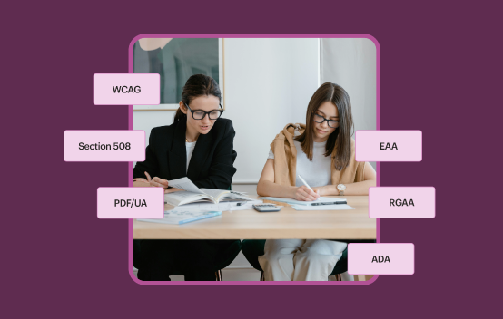 Two colleagues hard at work, surrounded by text bubbles that say Section 508, ADA, WCAG and other accessibility regulations