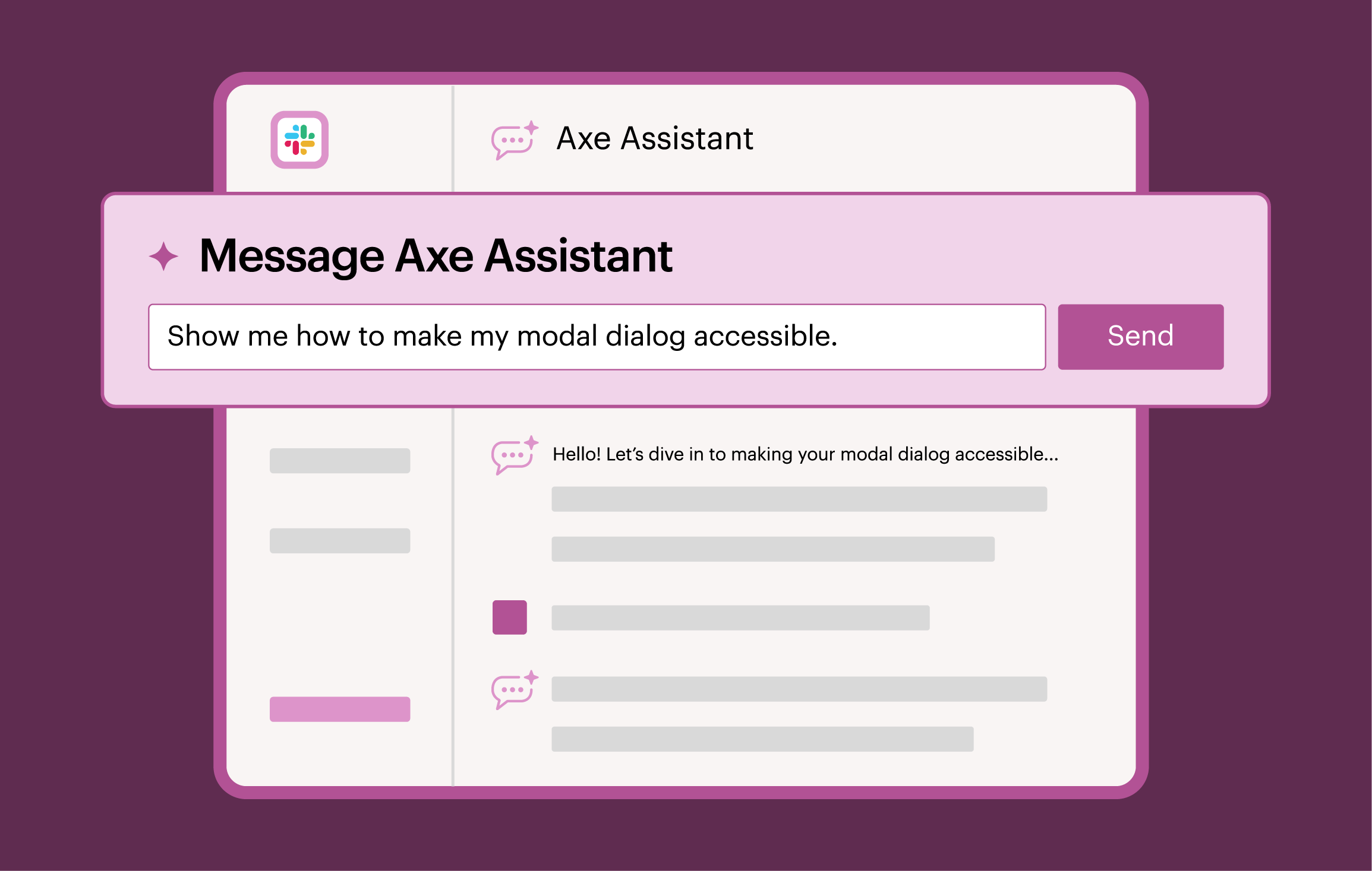 Axe Assistant in Slack environment. Prompt message says 