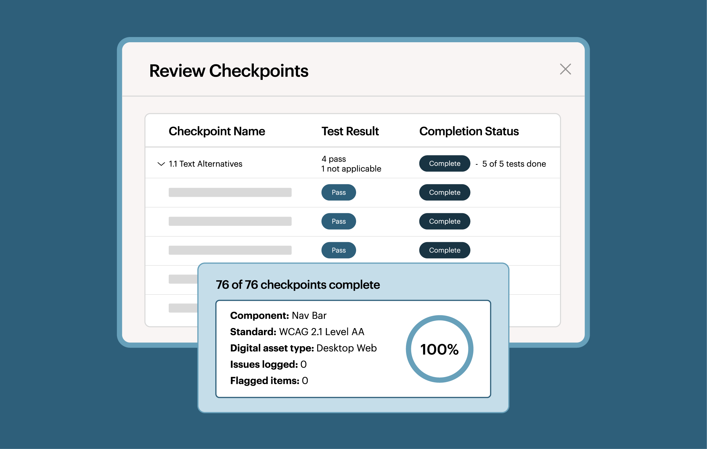 Audit report showing individual checkpoint status and the corresponding testing standard