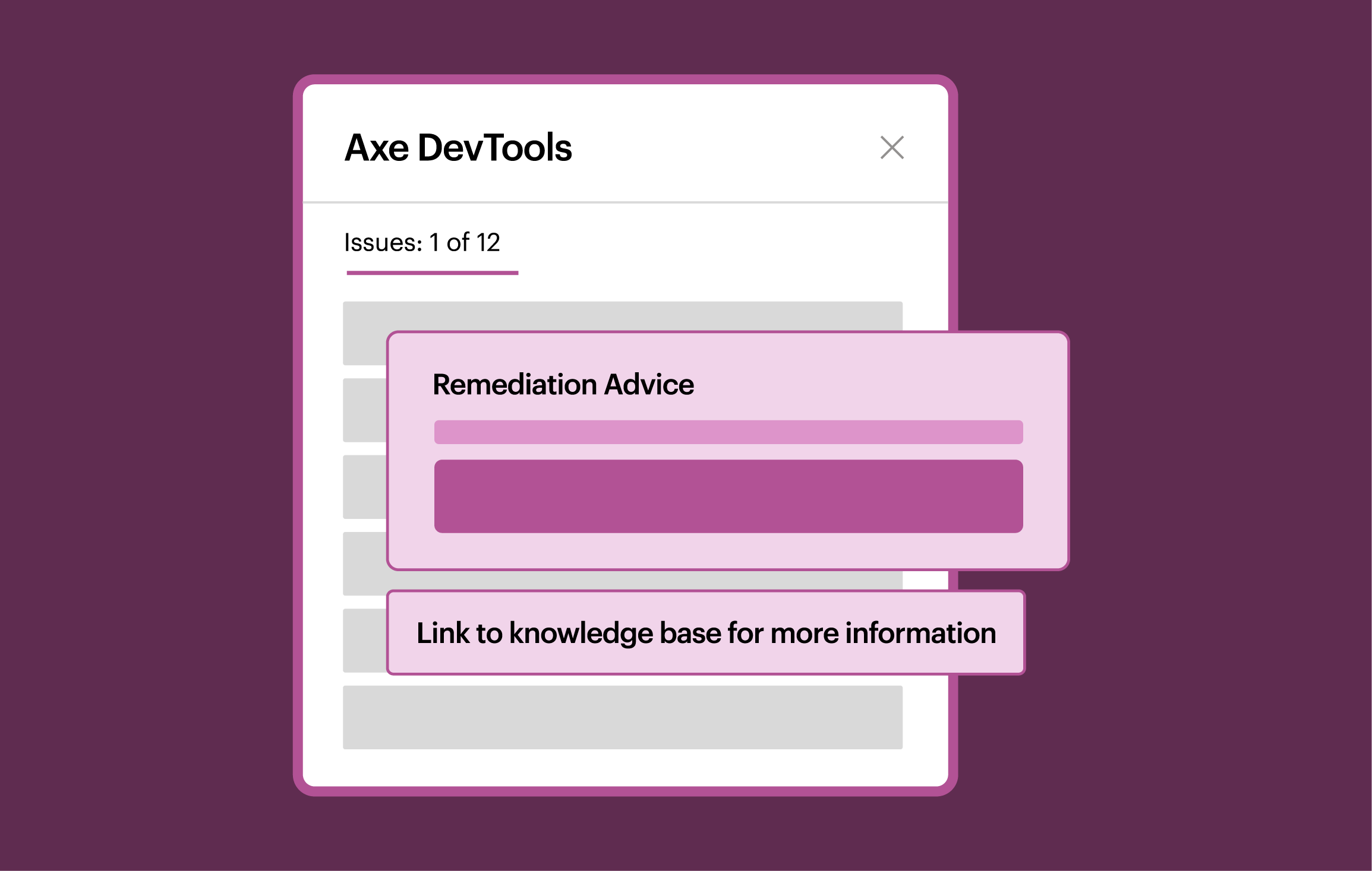Dashboard for Axe DevTools with a pop out calling attention to remediation advice and link to knowledge base