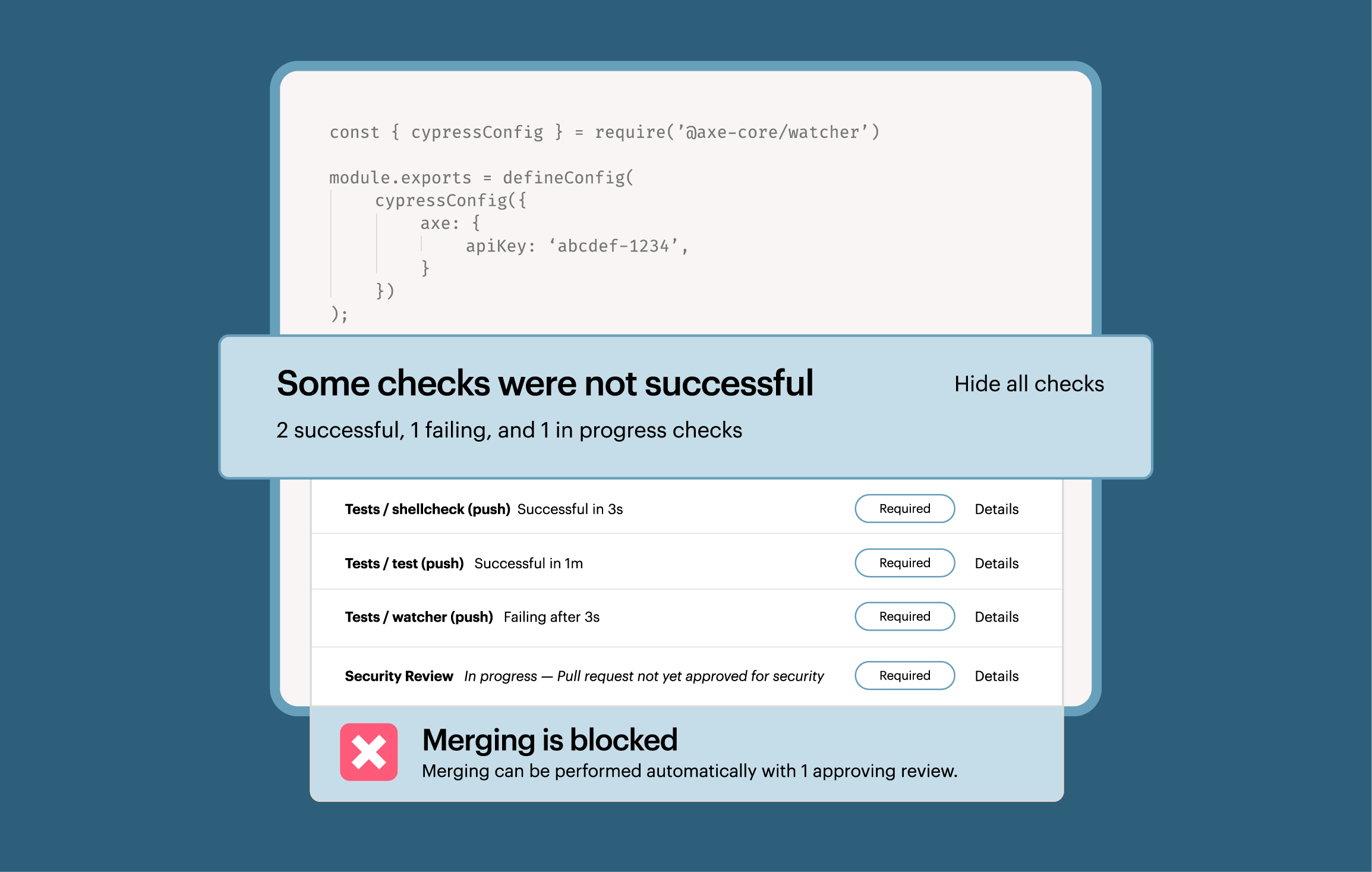 Illustration of Axe Developer Hub with a message that says: Some accessibility checks were not successful. Merging is blocked.