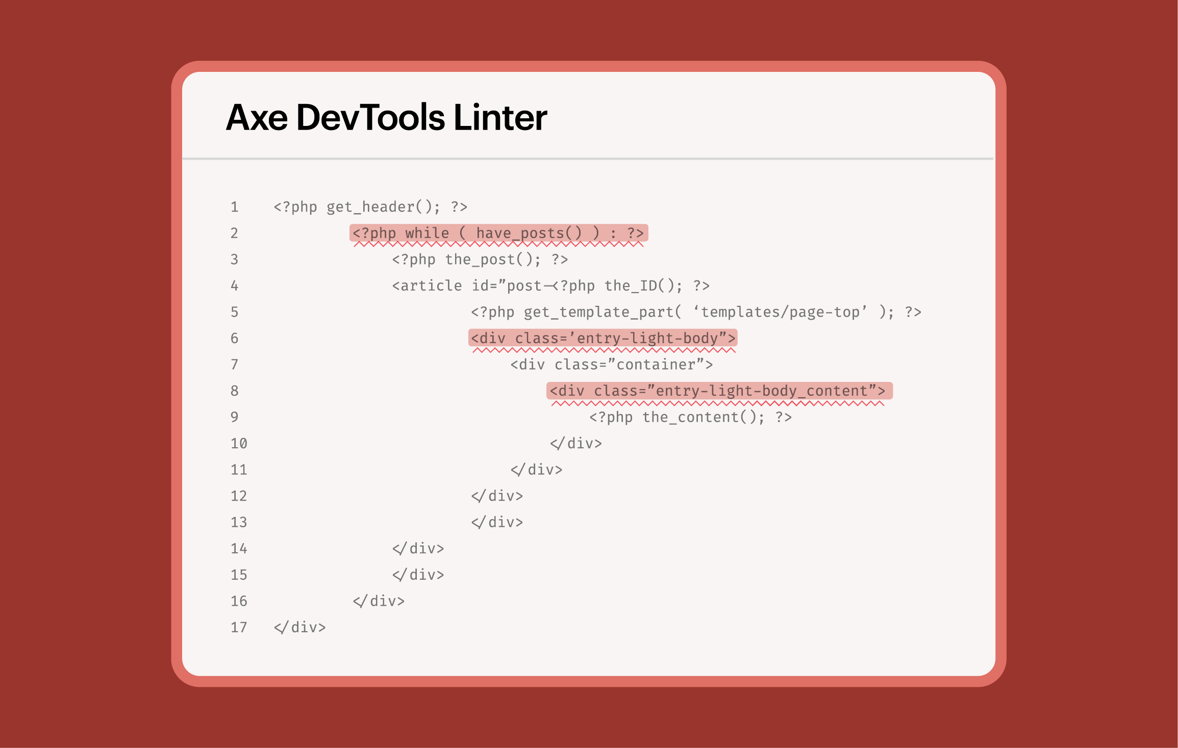 Code screen that has lines highlighted in red and underlined in a squiggly red line indicating accessibility issues found using the Axe DevTools Linter.