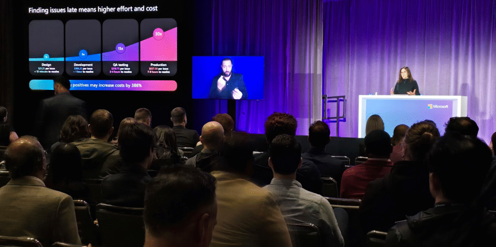 Slide from a Microsoft Ignite presentation, about how finding issues late leads to soaring costs