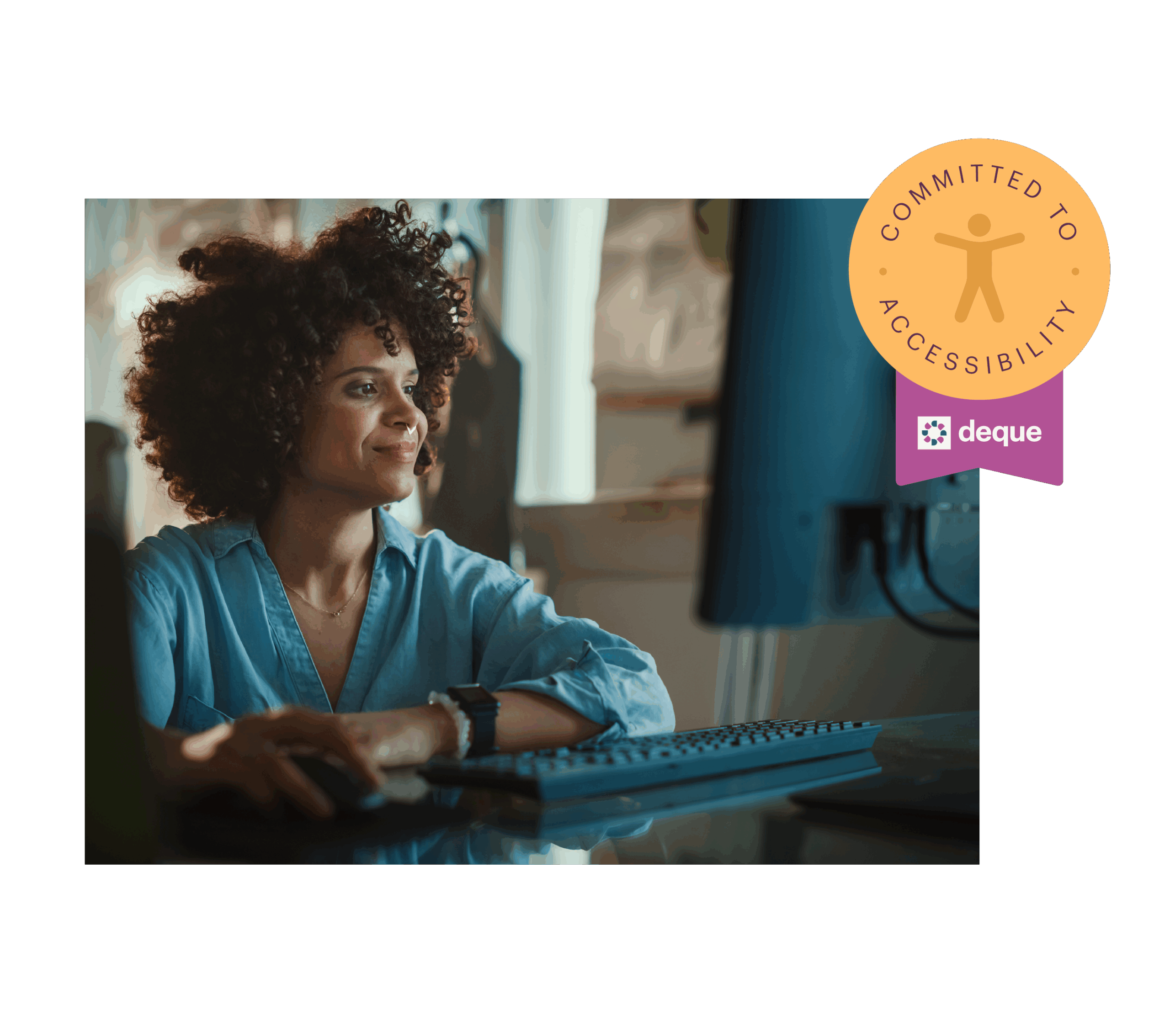 Woman working at desk on computer. Image has a badge that says 