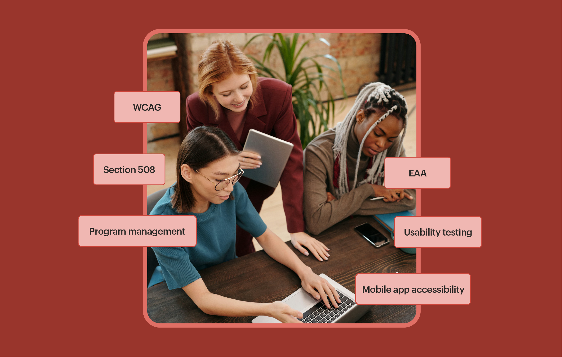 3 women at a table looking at a laptop screen with pop out word blocks that say EAA, usability testing, mobile app accessibility, program management, section 508, WCAG