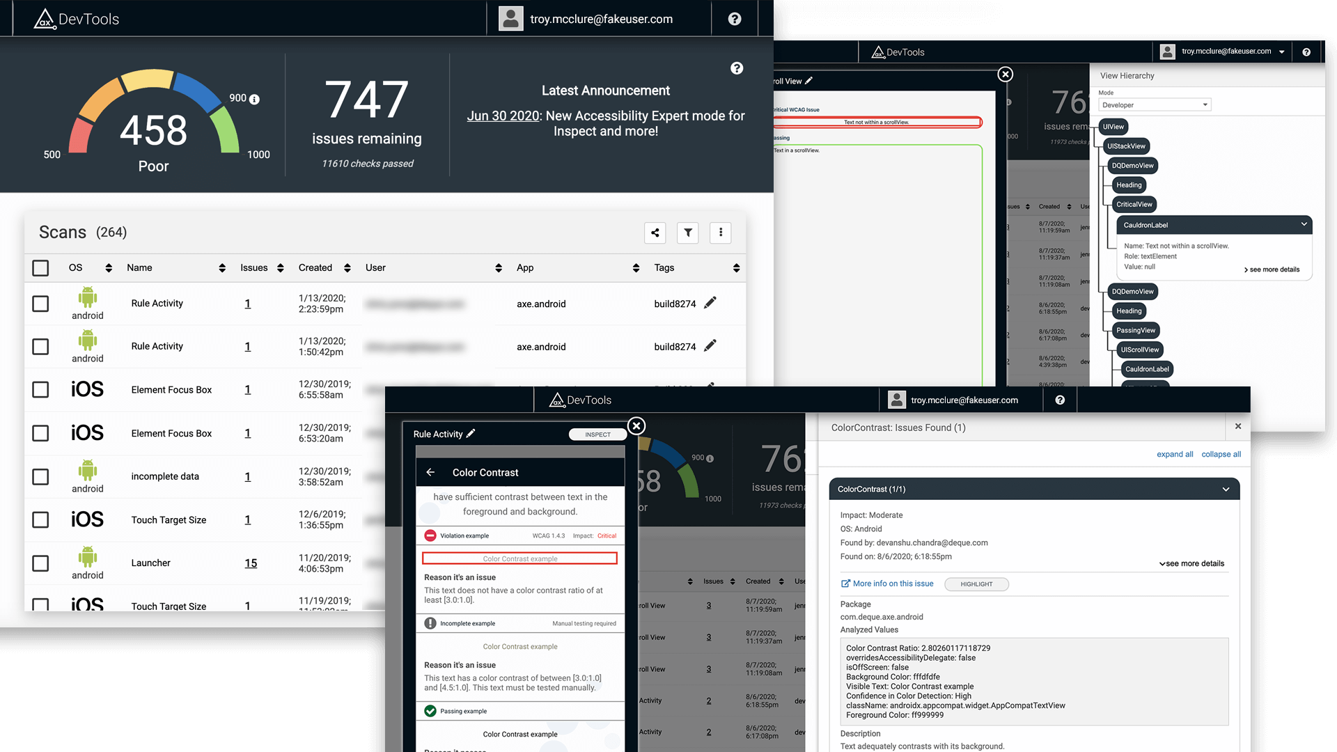 Overlapping screens showing the axe devtools mobile platform
