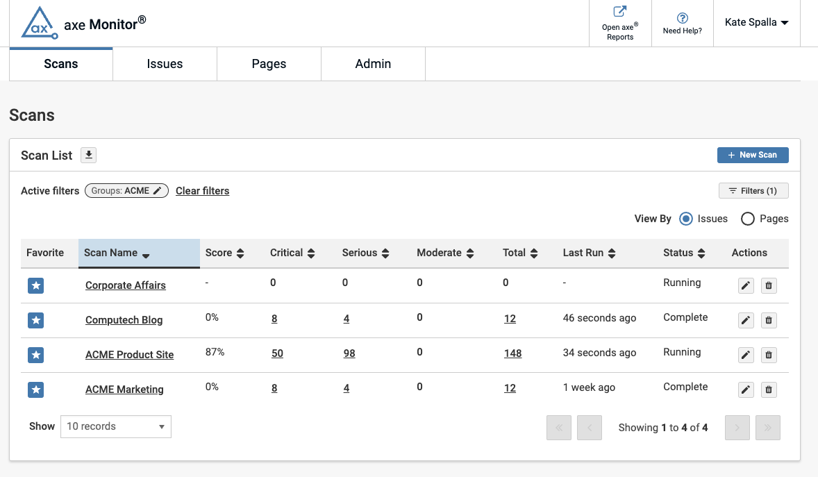 axe Monitor Screenshot Scans List